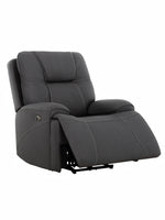 Fauteuil inclinable gris foncé TOCO Meubles Elvis avec surpiqûres contrastantes et repose-pieds déployé.