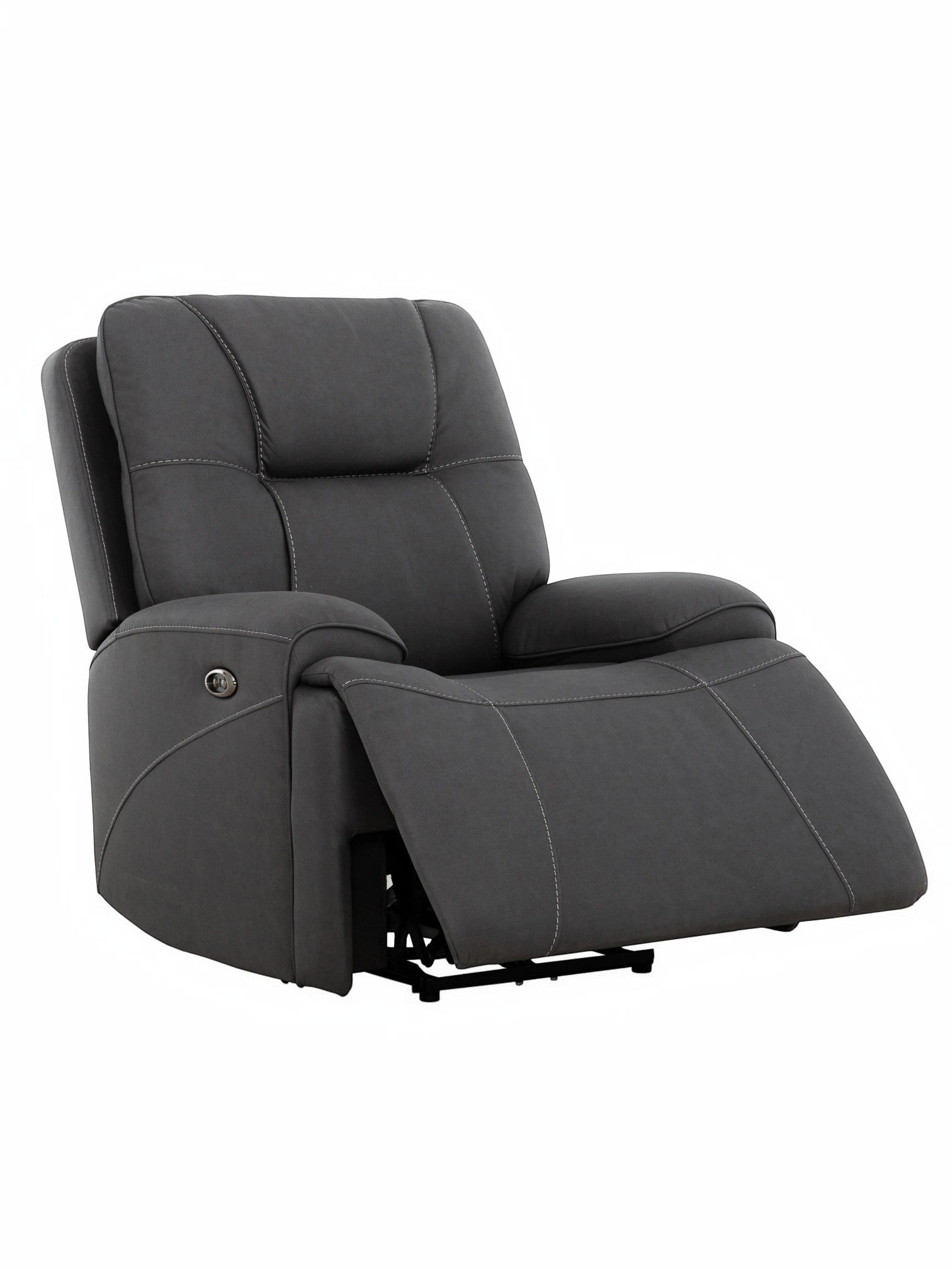 Fauteuil inclinable gris foncé TOCO Meubles Elvis avec surpiqûres contrastantes et repose-pieds déployé.