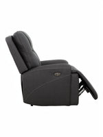 Fauteuil inclinable gris foncé TOCO Meubles Elvis avec repose-pieds déployé et coutures contrastantes.
