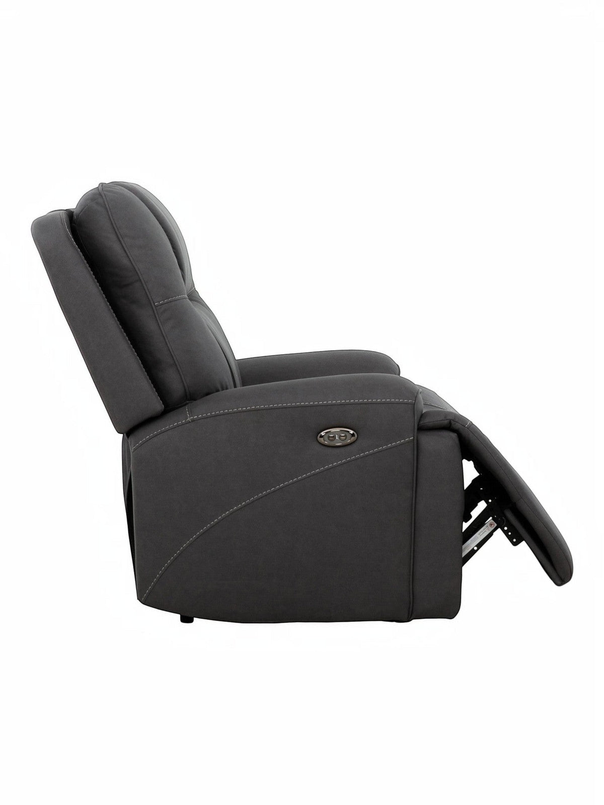 Fauteuil inclinable gris foncé TOCO Meubles Elvis avec repose-pieds déployé et coutures contrastantes.