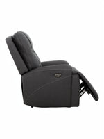 Fauteuil inclinable gris foncé TOCO Meubles Elvis avec repose-pieds déployé et coutures contrastantes.