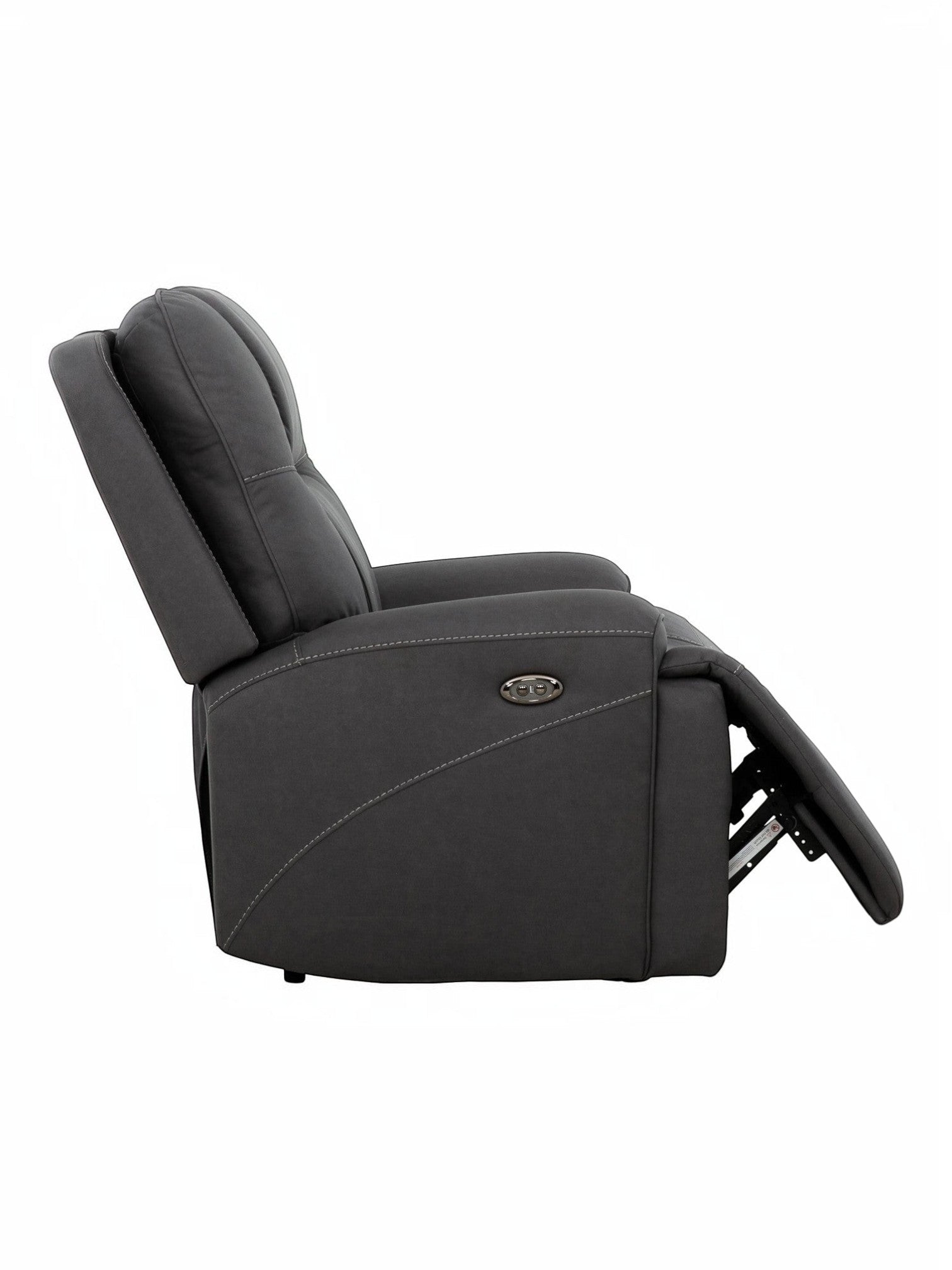 Fauteuil inclinable gris foncé TOCO Meubles Elvis avec repose-pieds déployé et coutures contrastantes.