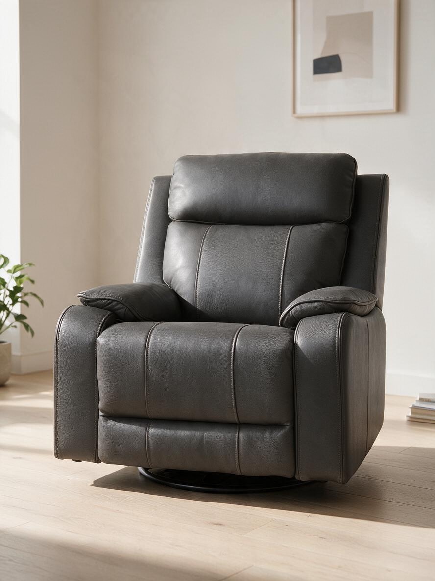 Fauteuil inclinable pivotant et berçant Lewis gris foncé en cuir et similicuir de TOCO Meubles avec dossier haut.