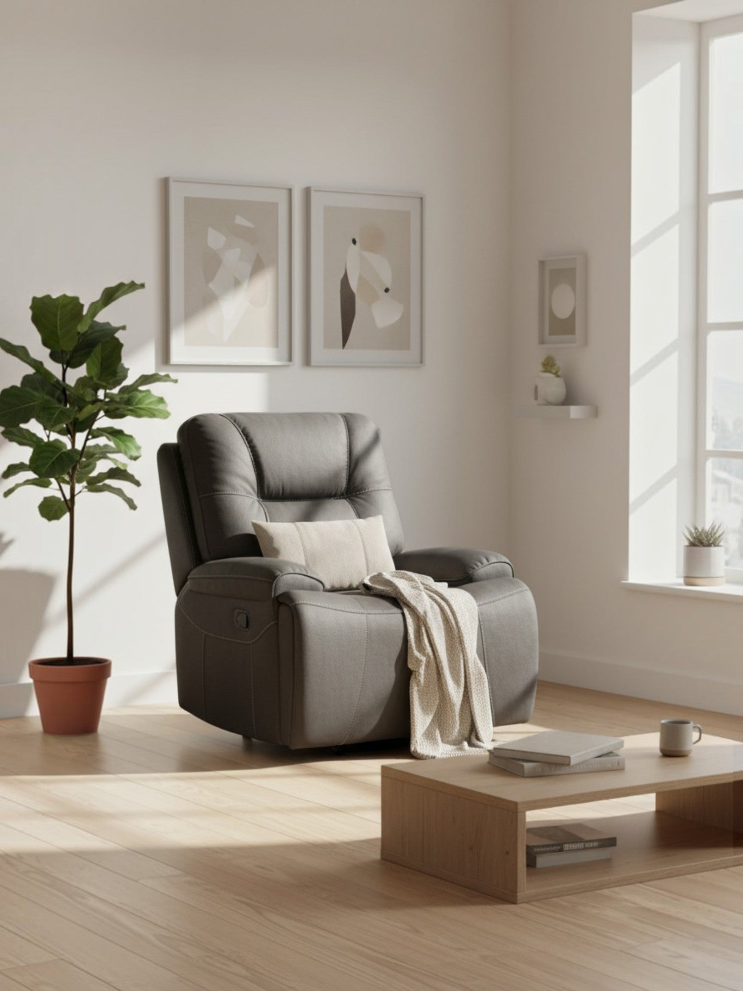 Fauteuil inclinable gris TOCO Meubles avec surpiqûres, placé dans un salon lumineux avec une plante et une table basse