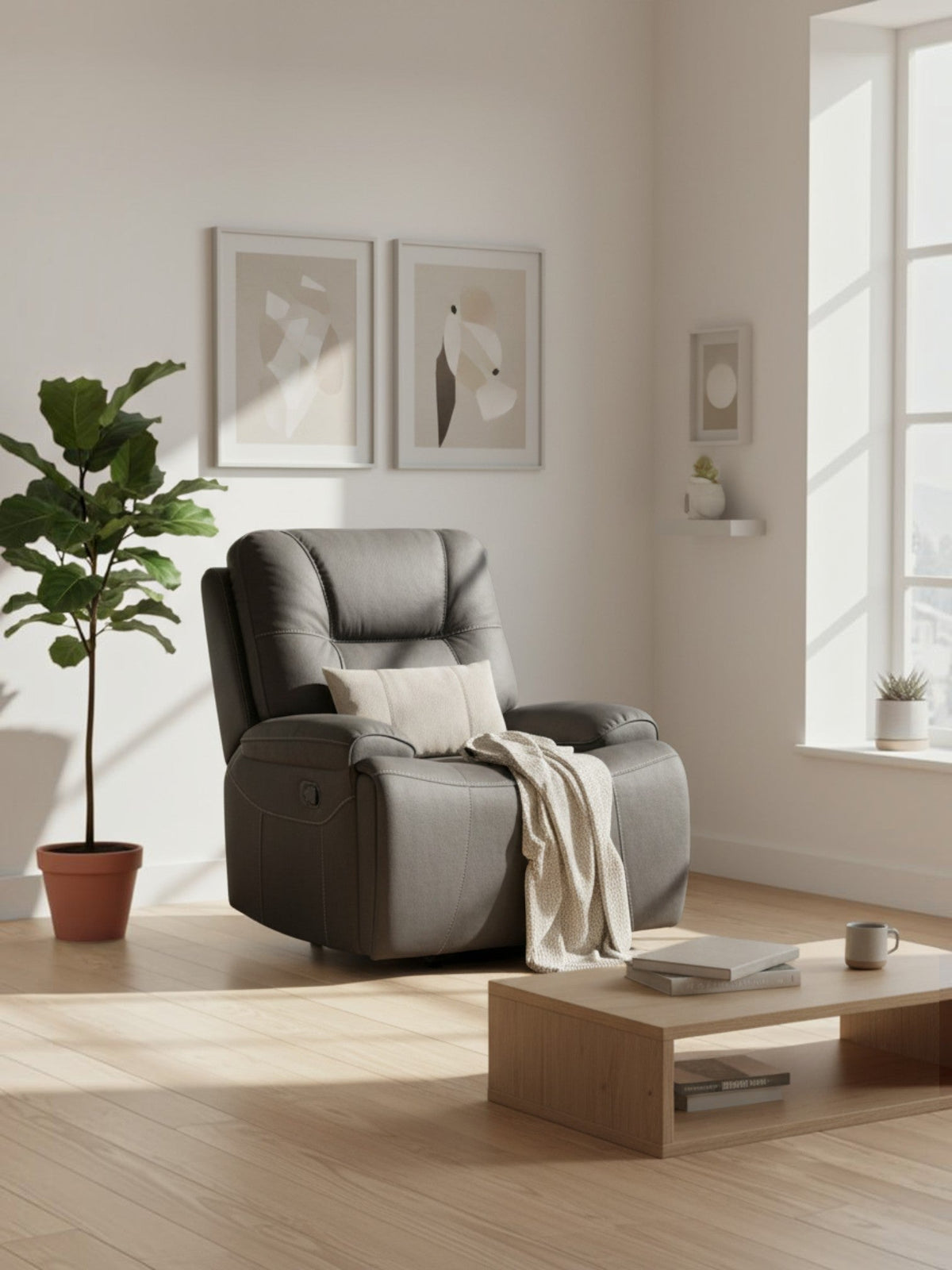 Fauteuil inclinable gris TOCO Meubles avec surpiqûres, placé dans un salon lumineux avec une plante et une table basse