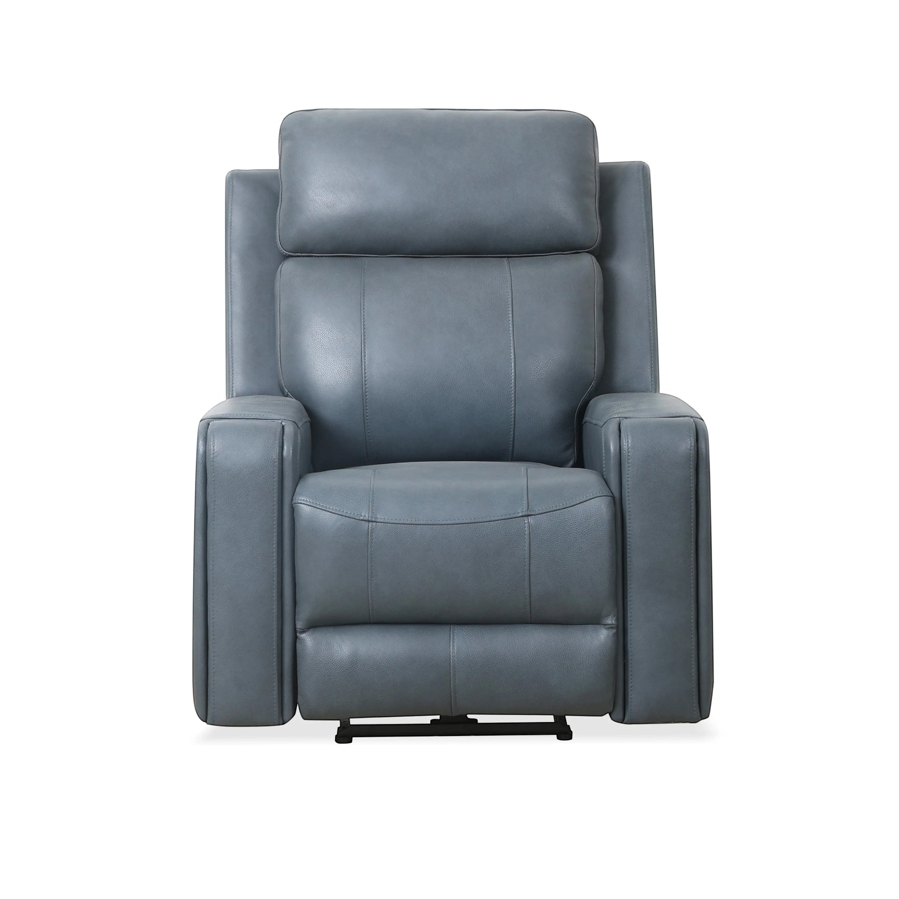 Fauteuil inclinable Miles de TOCO Meubles en cuir bleu contemporain avec rembourrage ergonomique et accoudoirs larges.