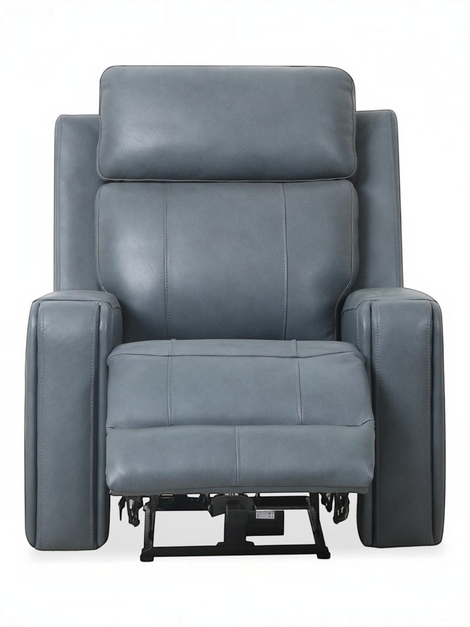 Fauteuil inclinable Miles de TOCO Meubles en cuir gris, design ergonomique avec repose-pieds et accoudoirs larges.