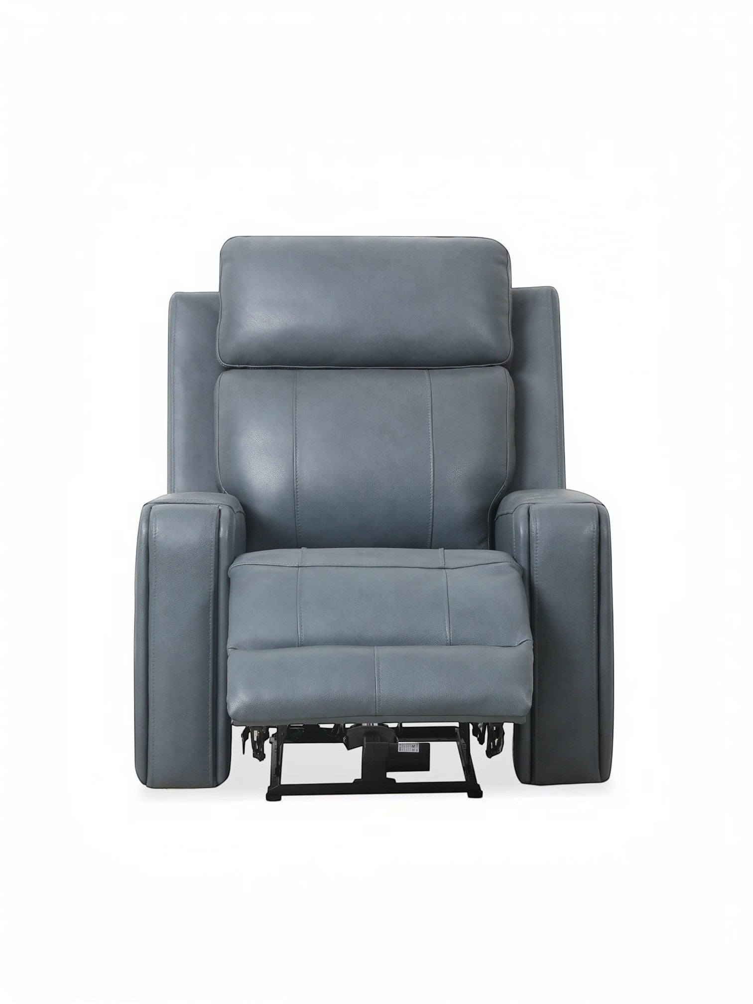 Fauteuil inclinable Miles de TOCO Meubles en cuir gris, design ergonomique avec repose-pieds et accoudoirs larges.