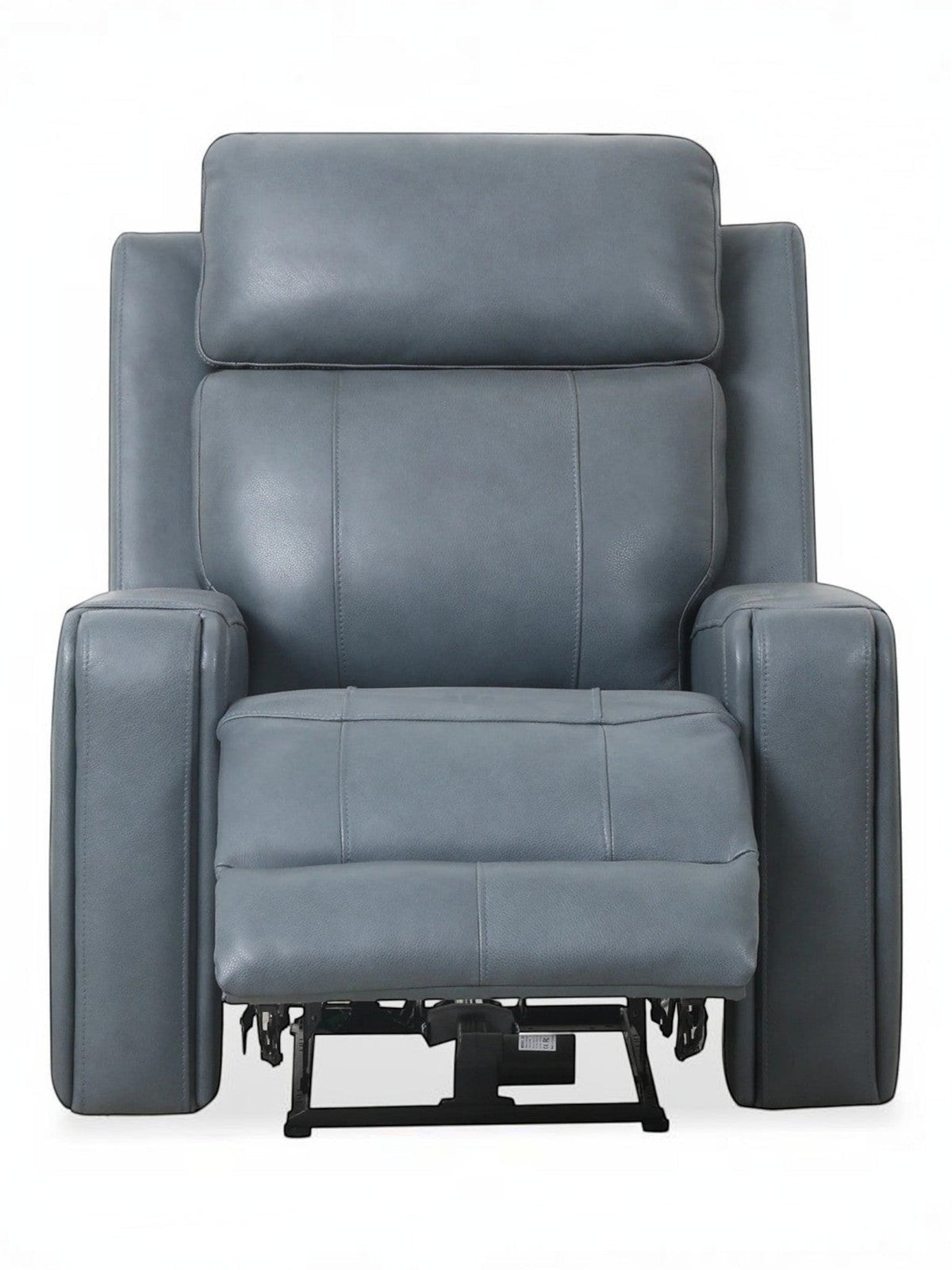 Fauteuil inclinable Miles de TOCO Meubles en cuir gris, design ergonomique avec repose-pieds et accoudoirs larges.