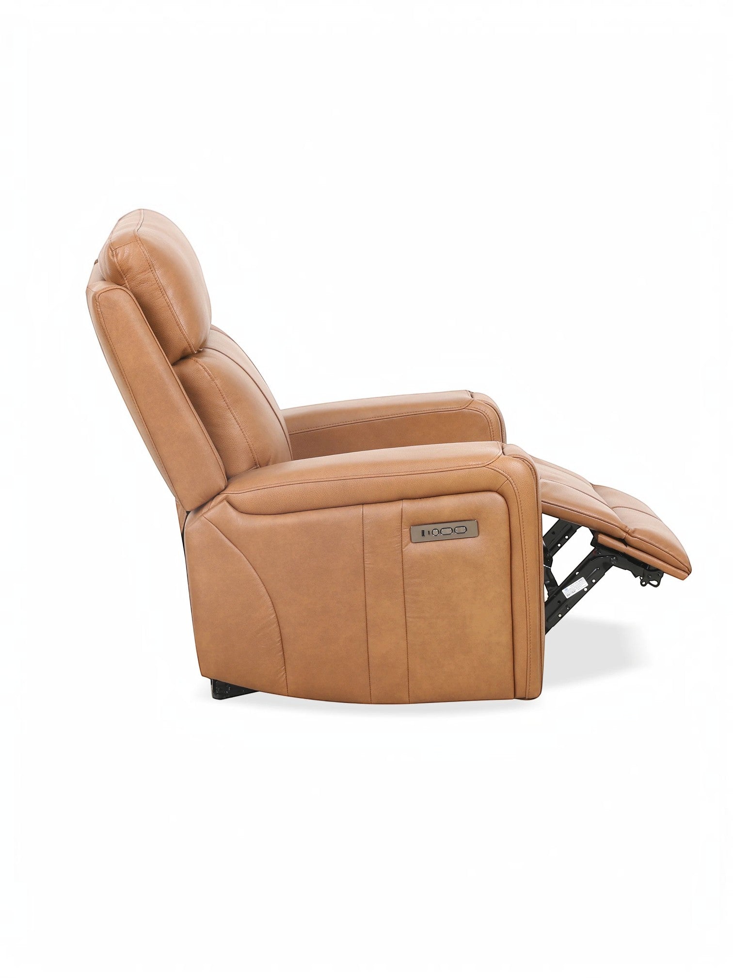 Fauteuil inclinable Miles TOCO Meubles en cuir marron avec repose-pieds et commandes électriques intégrées.