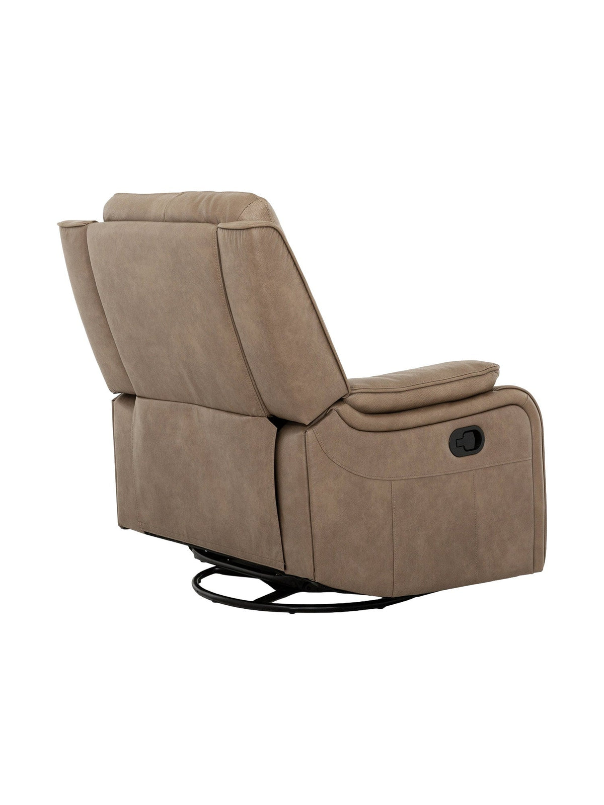 Fauteuil inclinable TOCO Meubles Lewis taupe avec base pivotante et levier manuel, vue de trois-quarts arrière.