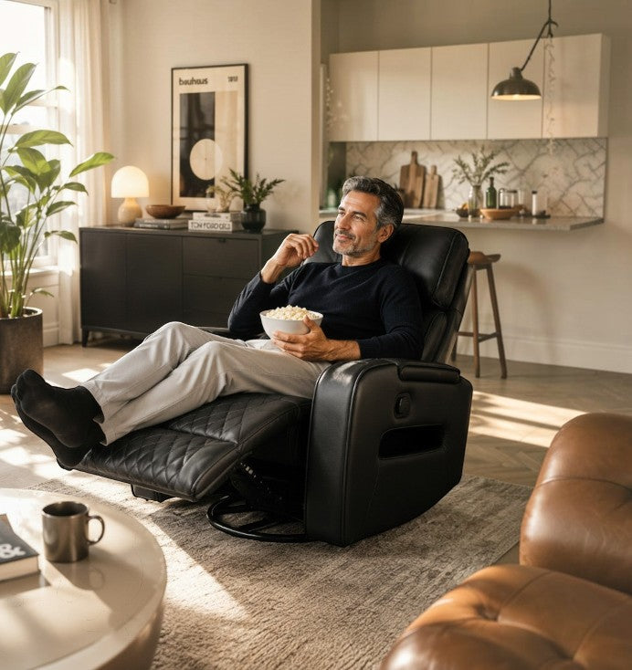 Homme relaxé dans un fauteuil inclinable noir TOCO Meubles en cuir avec surpiqûres dans un salon moderne.