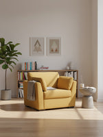 Fauteuil large TOCO Meubles Owick jaune tournesol avec plaid dans un salon lumineux et moderne