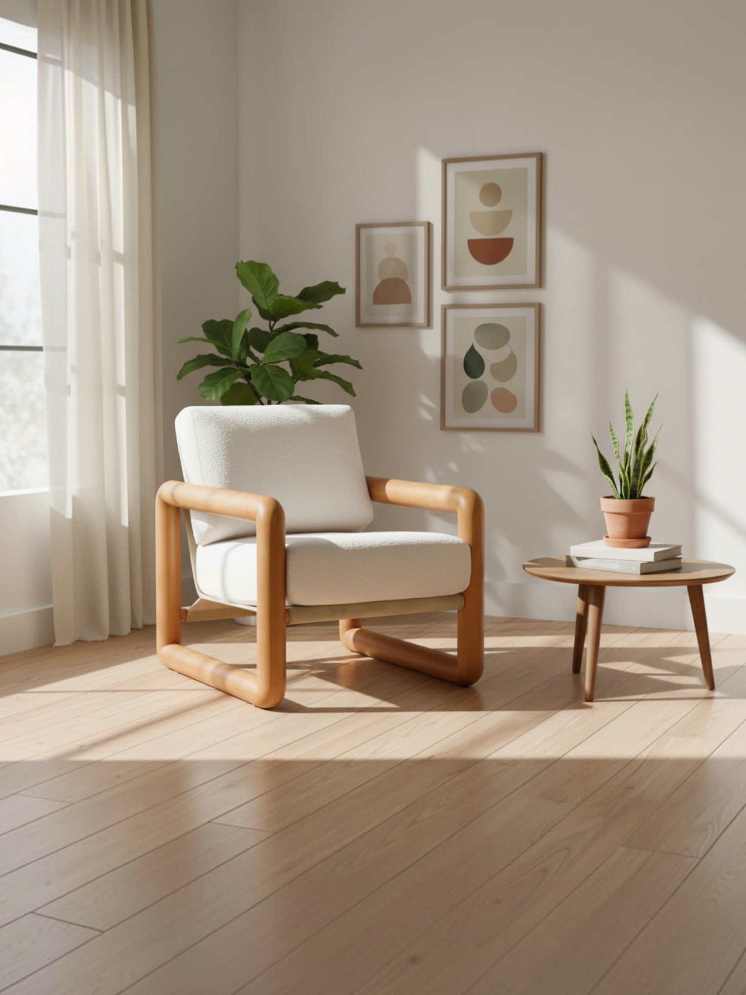 Fauteuil d'appoint TOCO Meubles Kova avec structure en bois clair et assise en bouclé crème dans un salon lumineux