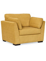 Fauteuil large TOCO Meubles Owick en tissu texturé jaune tournesol avec accoudoirs rembourrés et pieds noirs