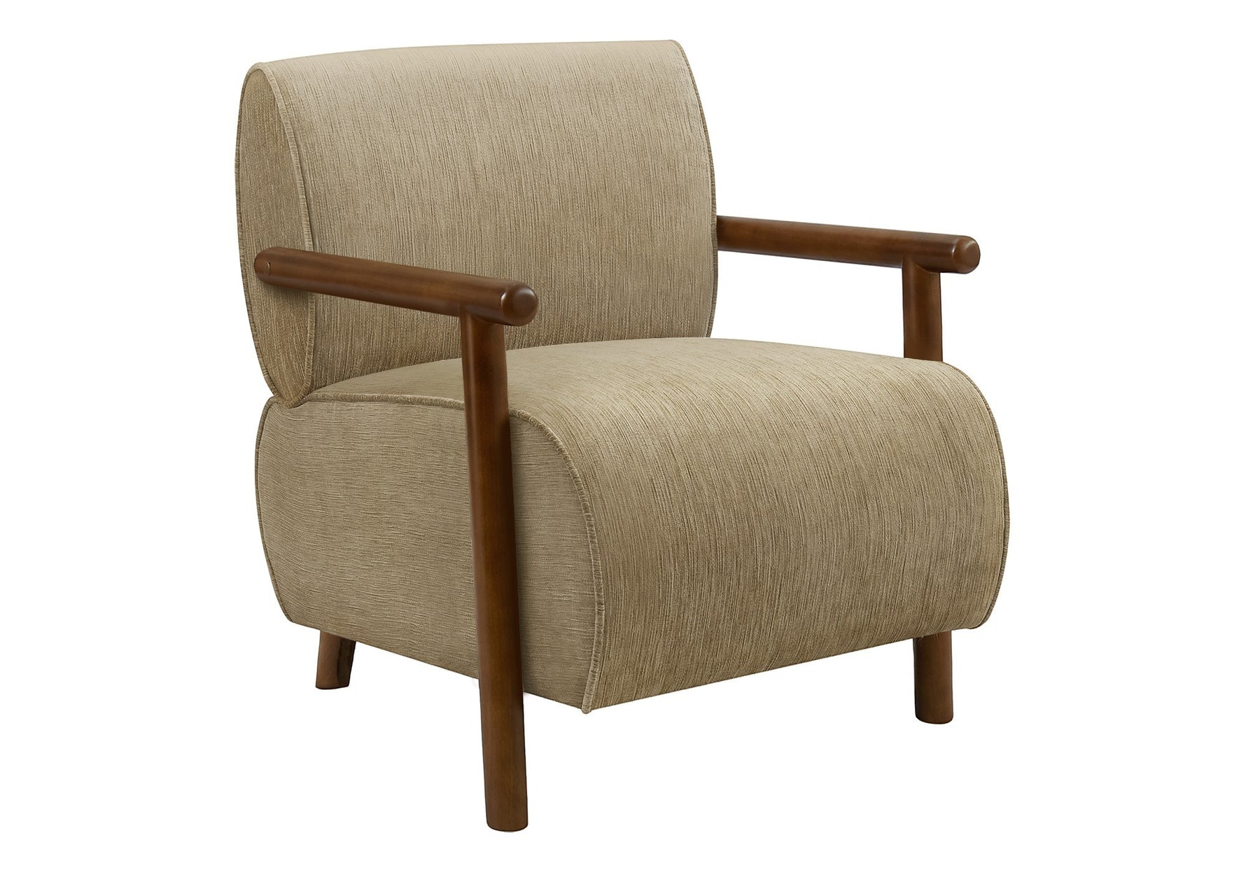 Fauteuil d’appoint Maureen TOCO Meubles beige texturé avec accoudoirs en bois marron, idéal pour salon ou chambre.