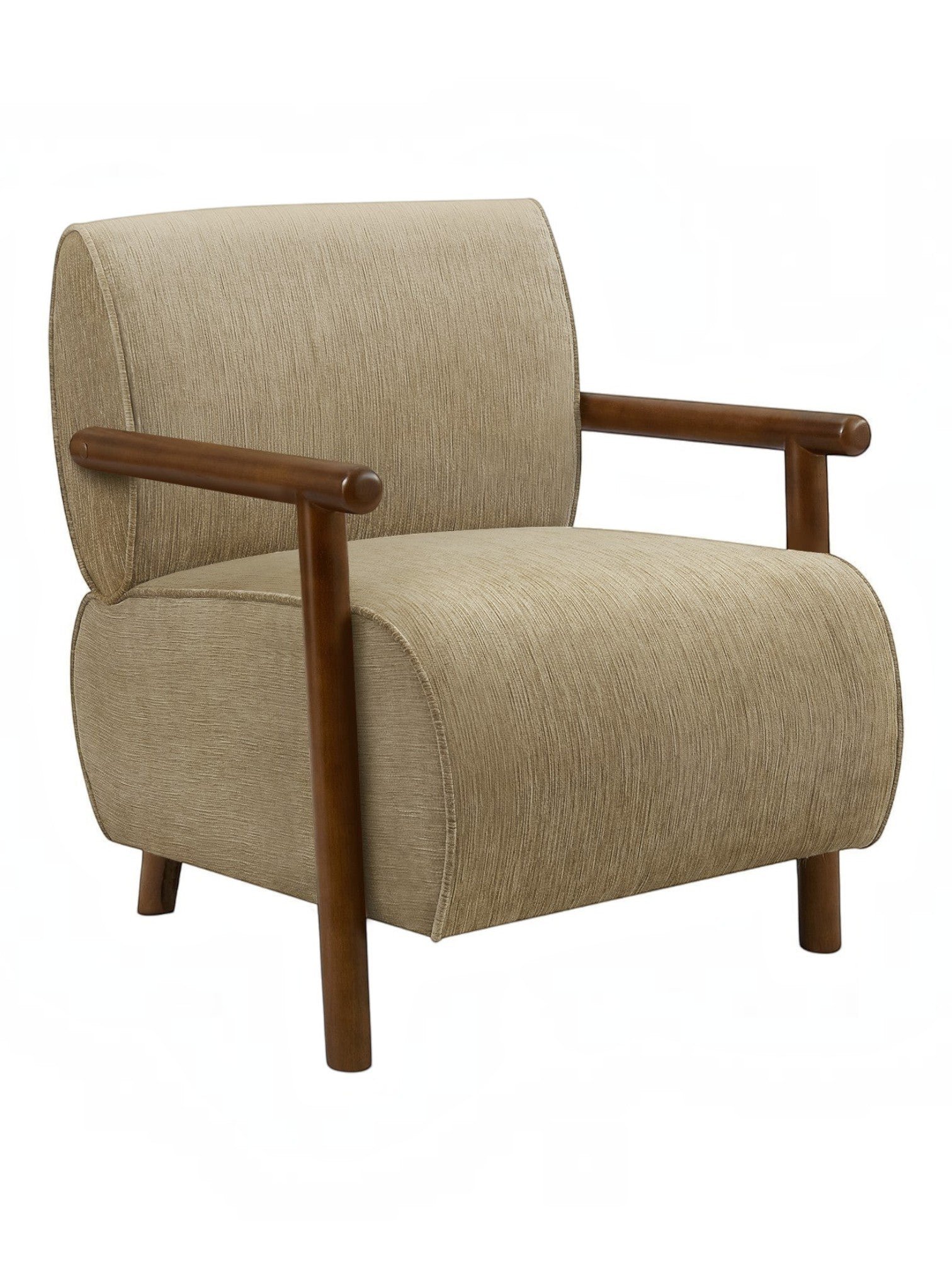 Fauteuil d’appoint Maureen TOCO Meubles beige texturé avec accoudoirs en bois marron, idéal pour salon ou chambre.