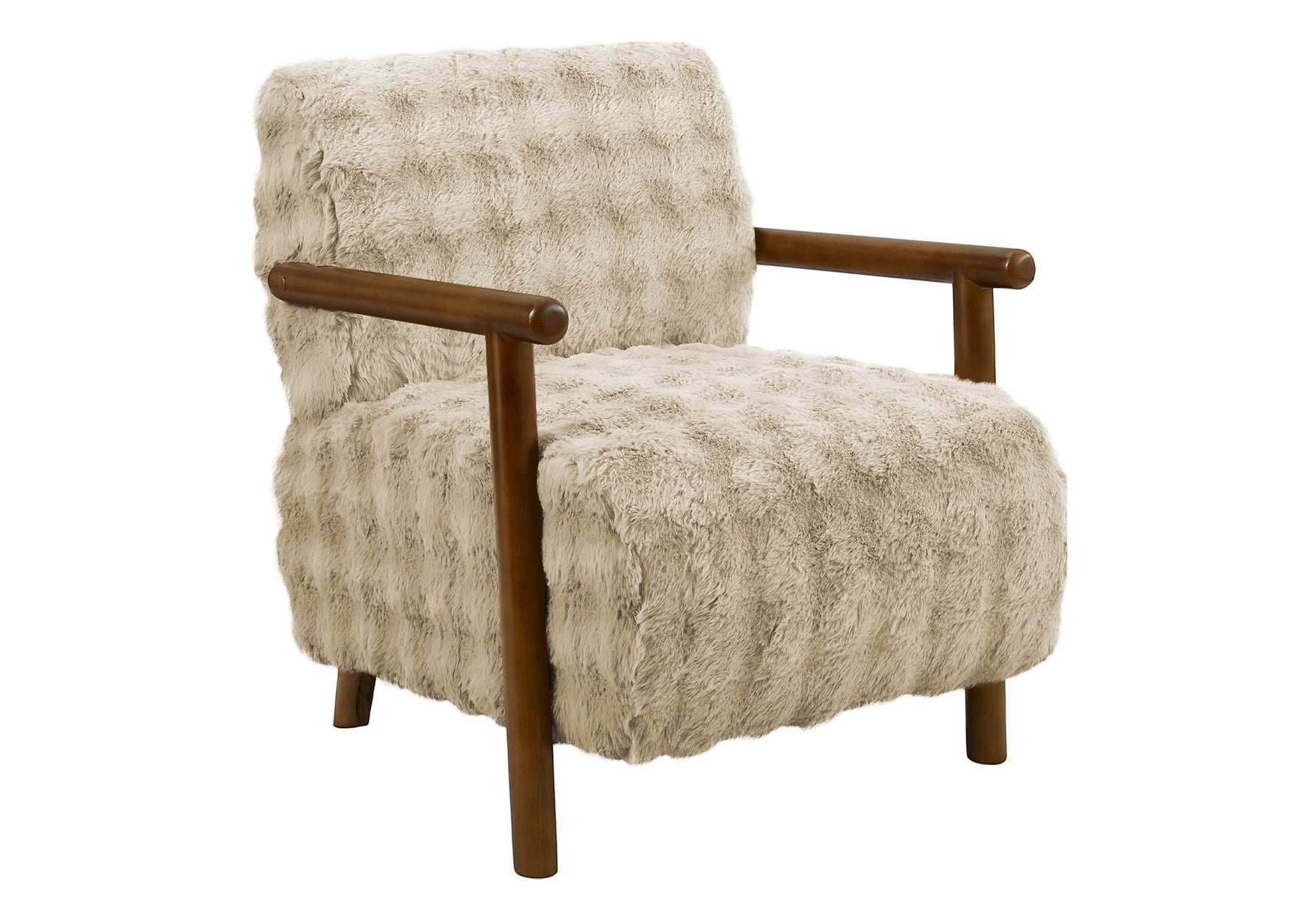 Fauteuil d'appoint Maureen TOCO Meubles en fausse fourrure beige avec accoudoirs en bois, design contemporain.
