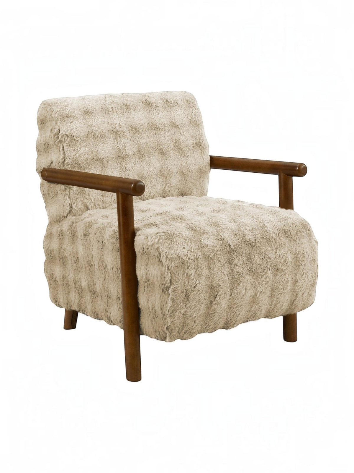 Fauteuil d'appoint TOCO Meubles Maureen en fausse fourrure beige avec accoudoirs et pieds en bois foncé