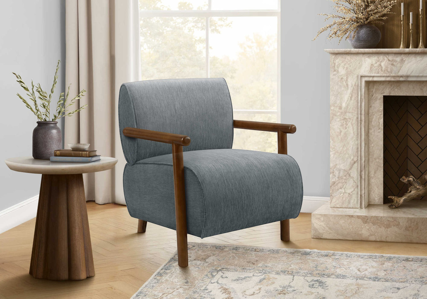 TOCO Meubles Fauteuil d'appoint Maureen gris chiné avec accoudoirs en bois, style contemporain.