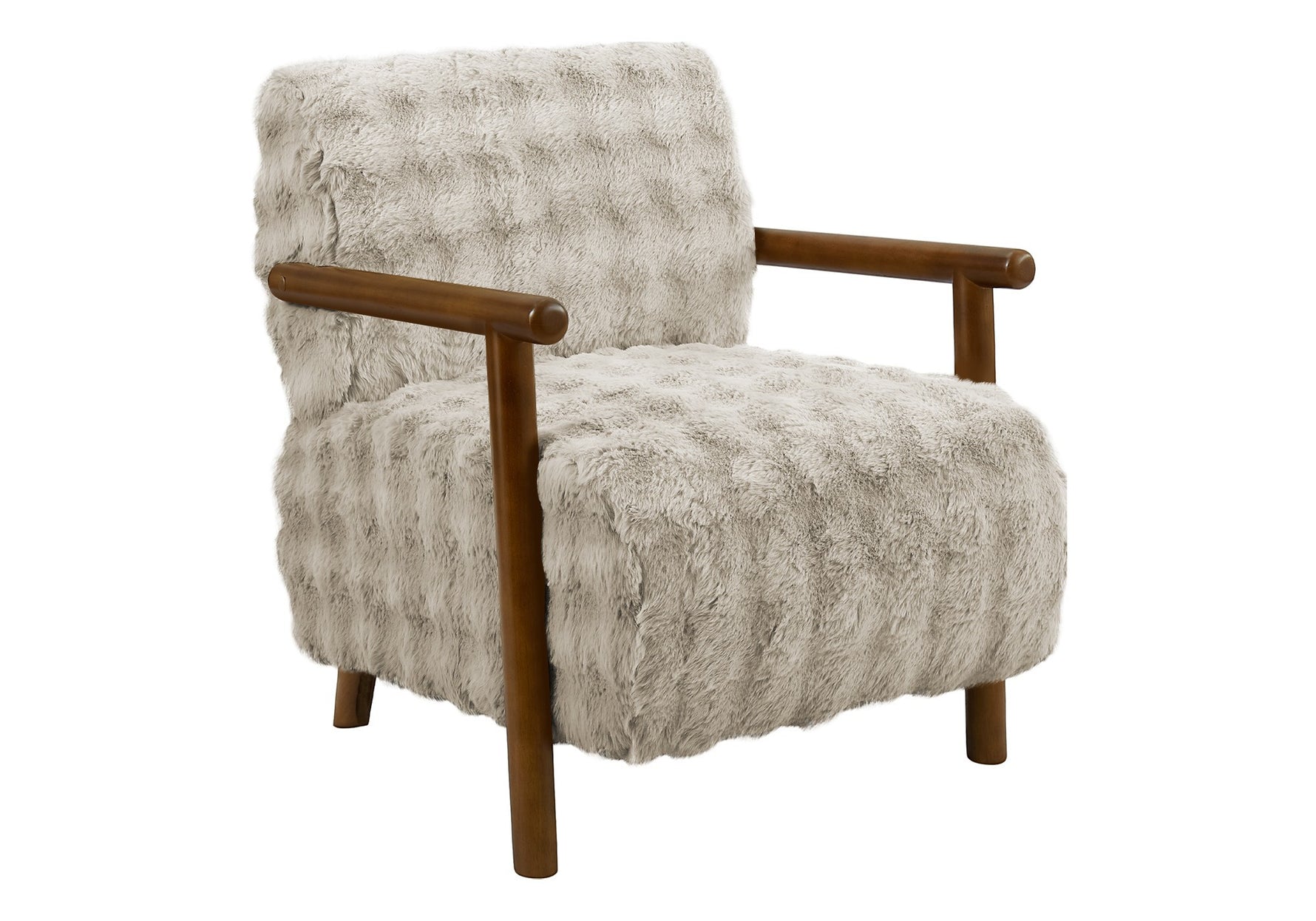 Fauteuil d’appoint Maureen TOCO Meubles gris en fausse fourrure avec accoudoirs en bois, style contemporain.