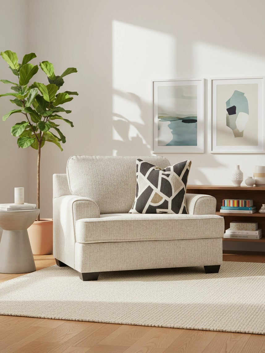 Fauteuil Moka TOCO Meubles couleur quartz avec coussin à motifs géométriques dans un salon moderne et lumineux