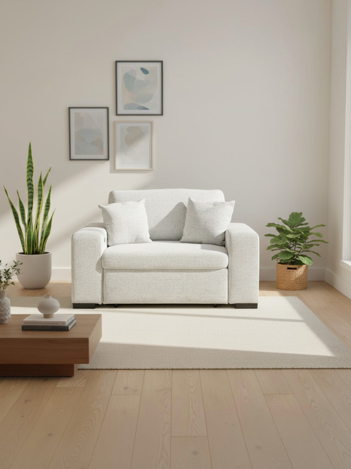 Fauteuil Sacha TOCO Meubles en tissu gris pâle avec deux coussins décoratifs dans un salon moderne et lumineux