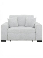 Fauteuil d'appoint TOCO Meubles Sacha en tissu gris pâle avec deux coussins décoratifs et design contemporain