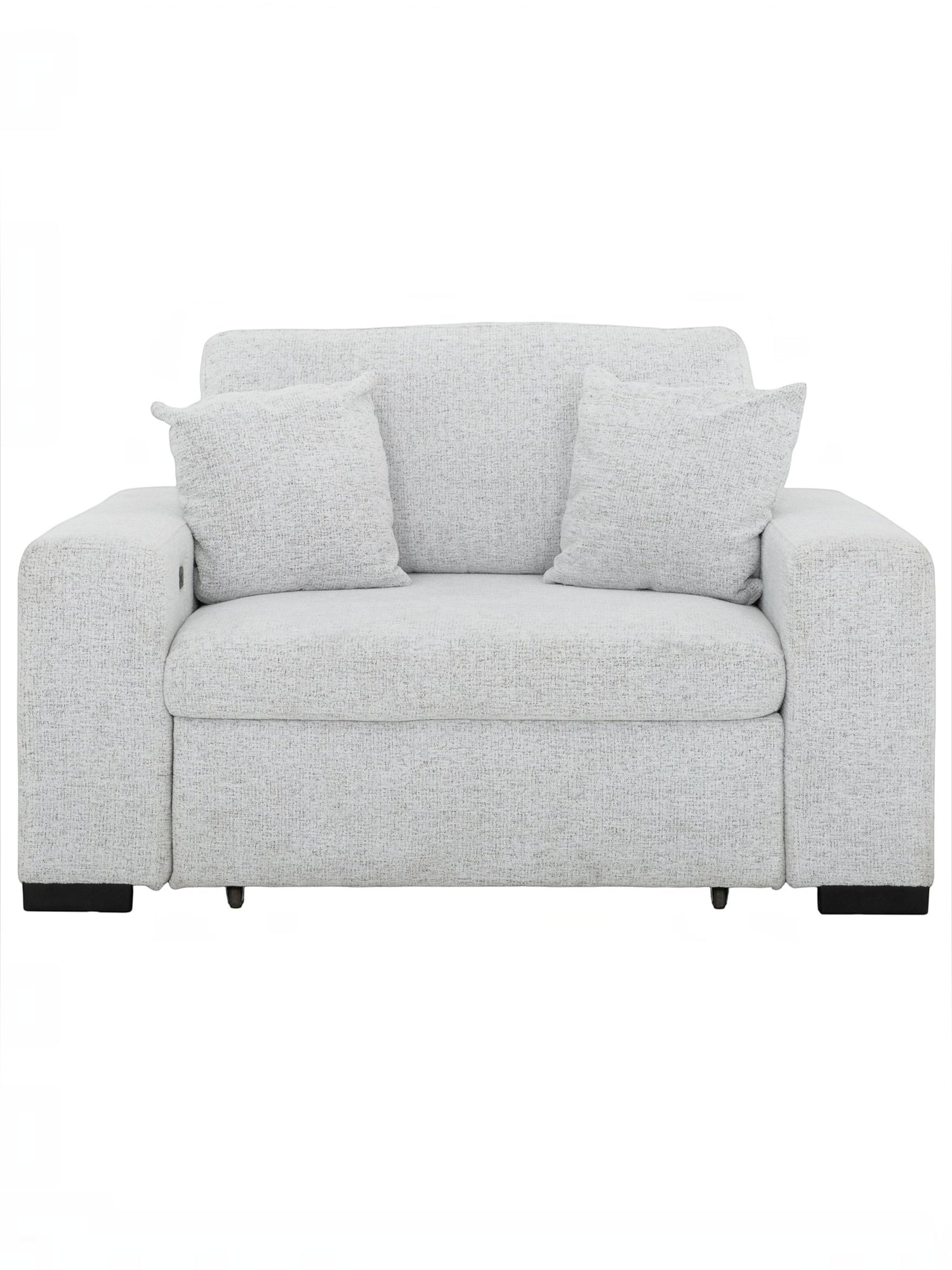 Fauteuil d'appoint TOCO Meubles Sacha en tissu gris pâle avec deux coussins décoratifs et design contemporain