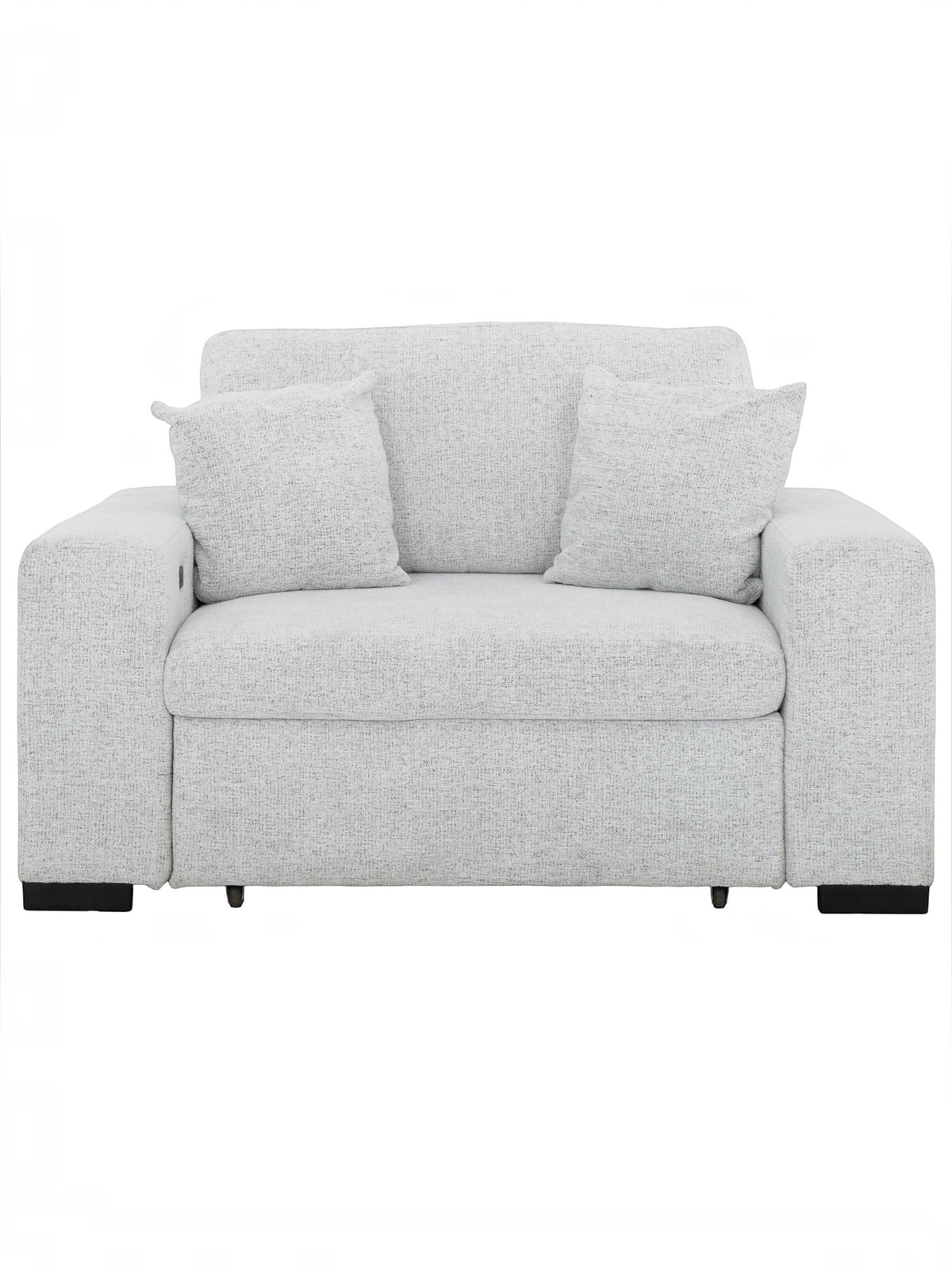 Fauteuil d'appoint TOCO Meubles Sacha en tissu gris pâle avec deux coussins décoratifs et design contemporain