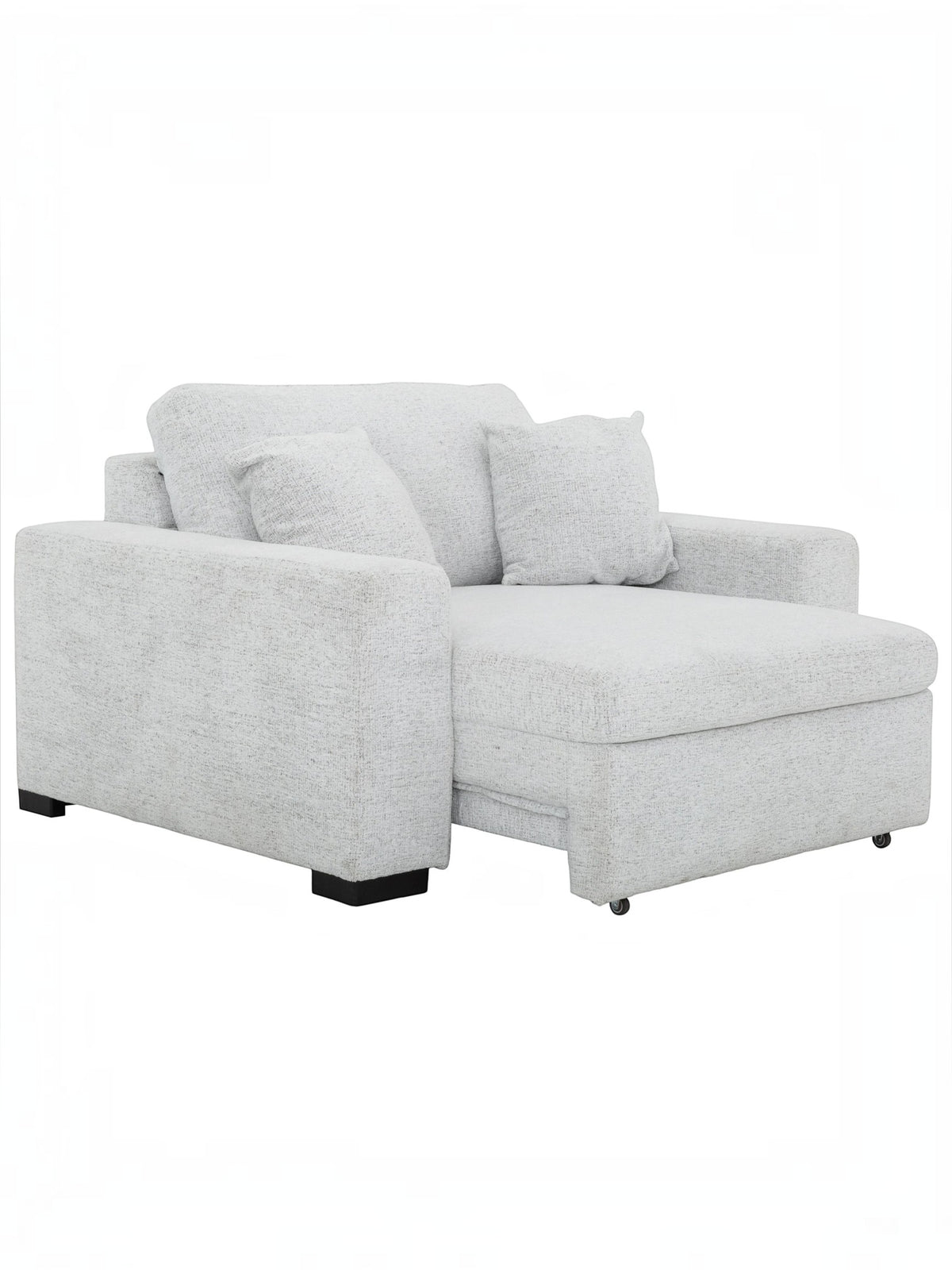 Fauteuil d'appoint Sacha de TOCO Meubles en tissu gris pâle avec coussins, design contemporain et assise confortable.