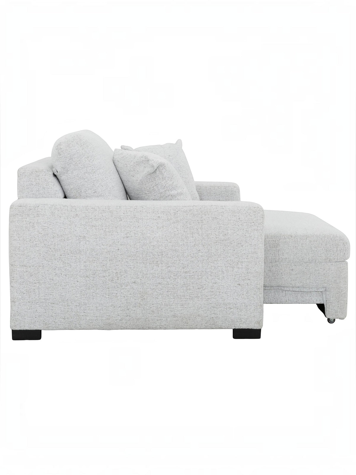 Fauteuil d'appoint TOCO Meubles Sacha en tissu gris pâle avec repose-pieds intégré, vue de profil