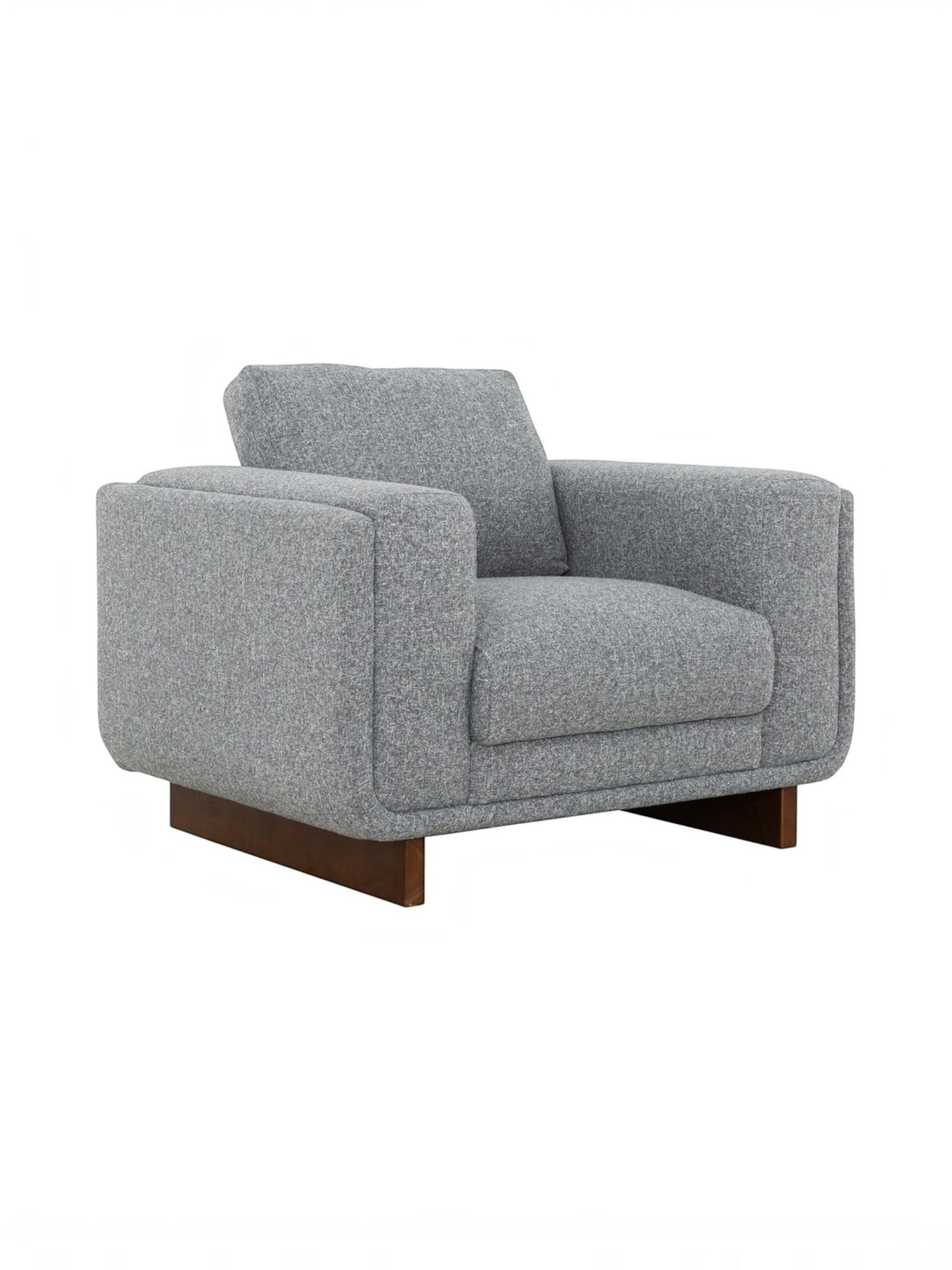 Fauteuil Simone gris en tissu texturé avec base en bois massif, proposé par TOCO Meubles