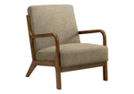 Fauteuil d'appoint Ulysse TOCO Meubles en tissu beige avec structure en bois marron et accoudoirs courbés.