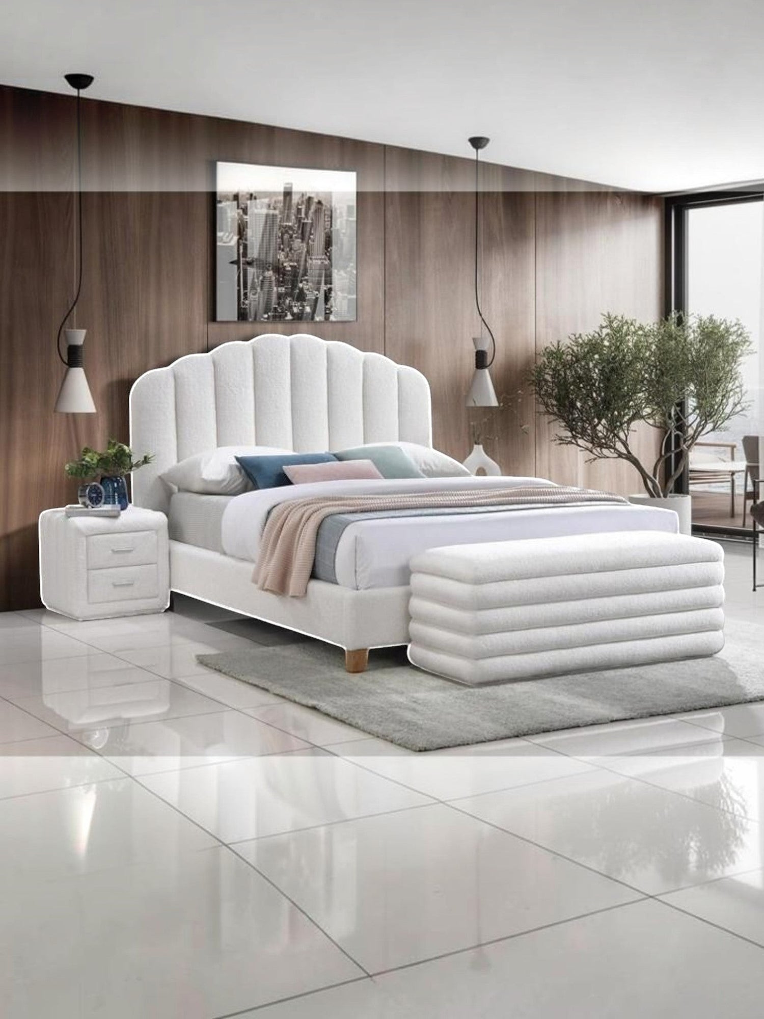 Grand lit Adele TOCO Meubles blanc effet peluche avec tête de lit capitonnée et pieds en bois naturel. Banc assorti.
