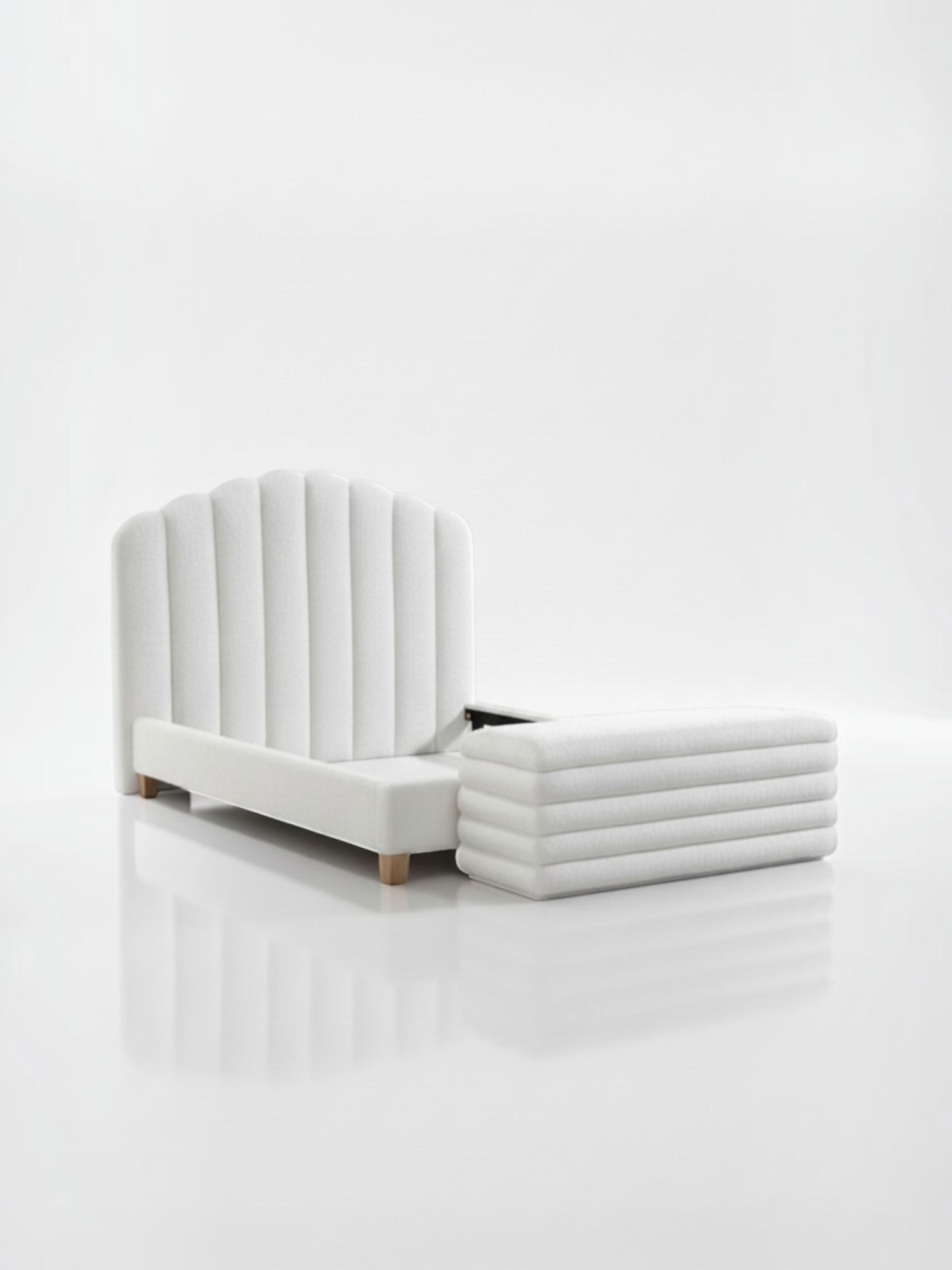 Grand lit Adele TOCO Meubles plateforme blanc effet peluche avec tête de lit capitonnée et pieds en bois naturel