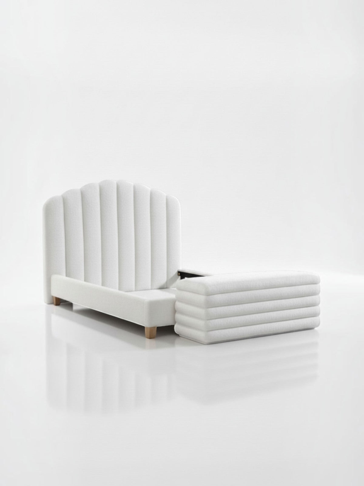 Grand lit Adele TOCO Meubles plateforme blanc effet peluche avec tête de lit capitonnée et pieds en bois naturel