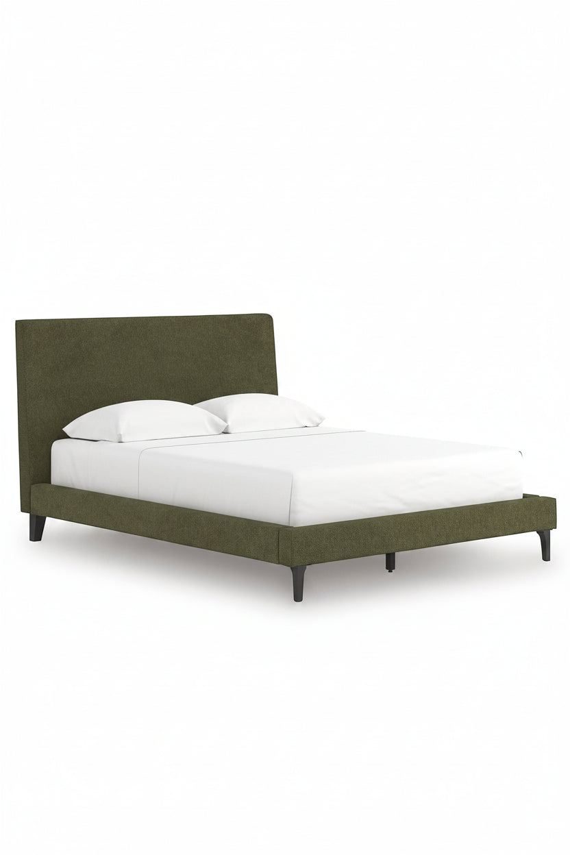 TOCO Meubles Grand Lit Alma vert sauge rembourré avec tête de lit et pieds noirs, style Mid-Century moderne.