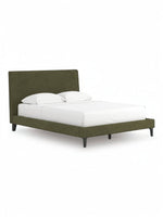 TOCO Meubles Grand Lit Alma vert sauge rembourré avec tête de lit et pieds noirs, style Mid-Century moderne.