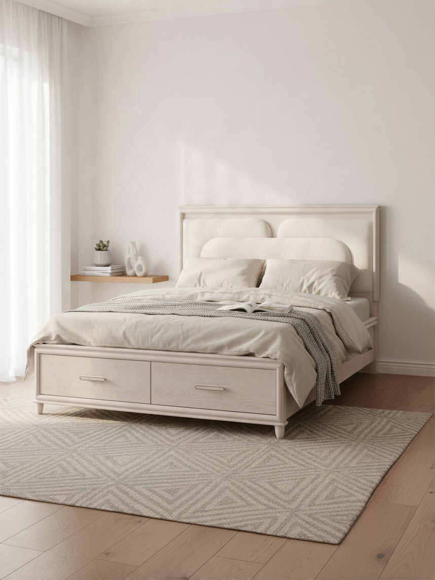 Grand lit Ariane par TOCO Meubles avec tête de lit en chenille blanche, éclairage DEL et tiroirs de rangement intégrés