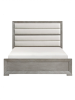 Grand lit Arthur TOCO Meubles avec tête de lit rembourrée en tissu texturé et cadre en placage de chêne fini gris