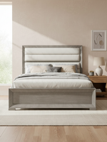 Grand lit Arthur TOCO Meubles avec tête de lit rembourrée en tissu texturé et cadre en placage de chêne fini gris