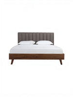 Grand Lit Atlas TOCO Meubles, lit double avec tête de lit capitonnée grise et cadre en bois brun, style Mid-Century Modern.
