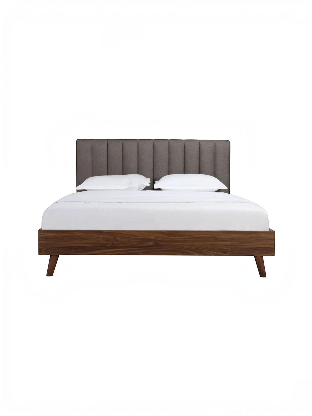 Grand Lit Atlas TOCO Meubles, lit double avec tête de lit capitonnée grise et cadre en bois brun, style Mid-Century Modern.