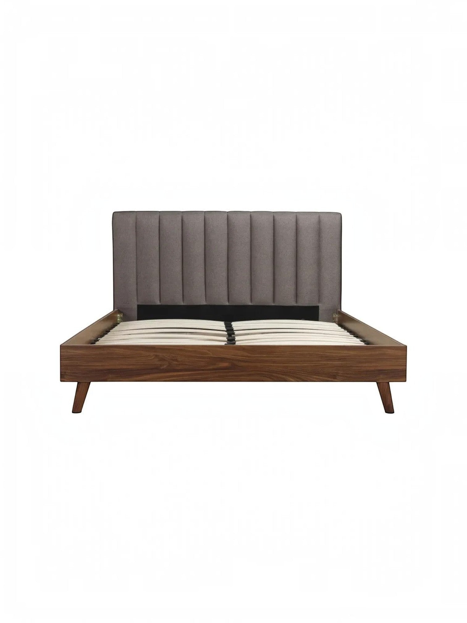 TOCO Meubles Grand Lit Atlas en bois brun avec tête de lit capitonnée grise, style Mid-Century Modern.