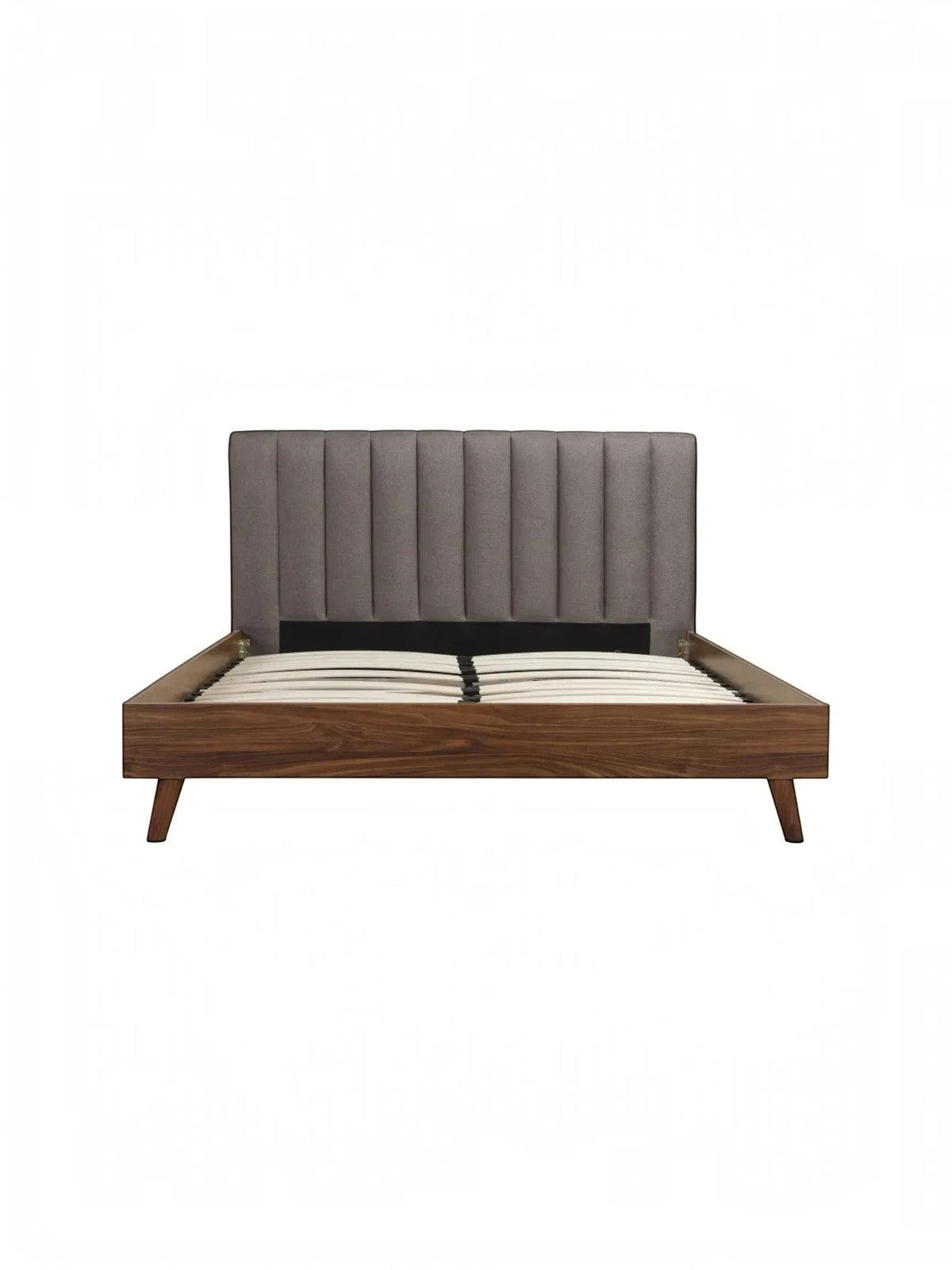 TOCO Meubles Grand Lit Atlas en bois brun avec tête de lit capitonnée grise, style Mid-Century Modern.