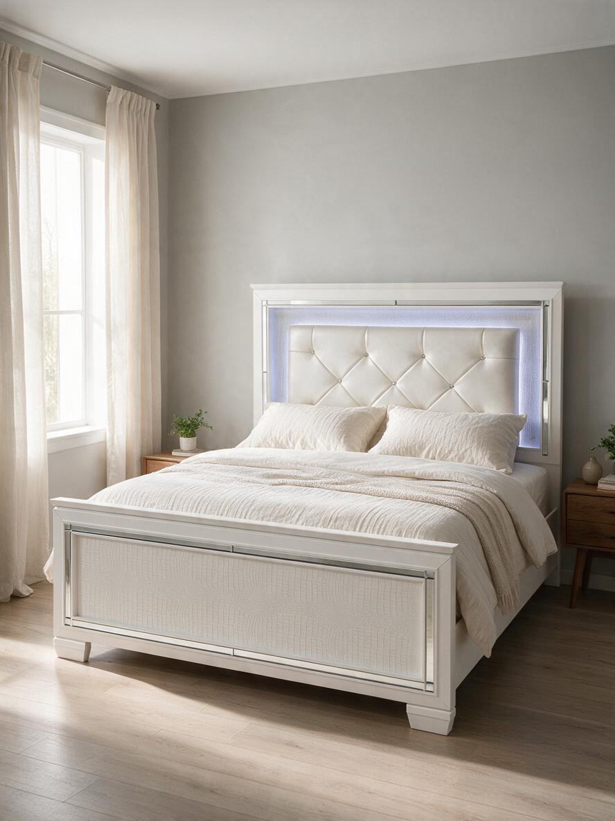 Grand lit TOCO Meubles Aurore blanc capitonné avec tête de lit rétroéclairée DEL et bordures en miroir biseauté