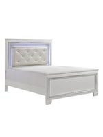 Grand lit Aurore TOCO Meubles blanc avec tête de lit capitonnée en similicuir, éclairage DEL et bordures en miroir.