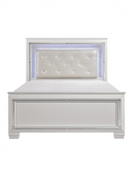 Grand lit Aurore TOCO Meubles blanc avec tête de lit capitonnée en similicuir, éclairage DEL et bordures en miroir