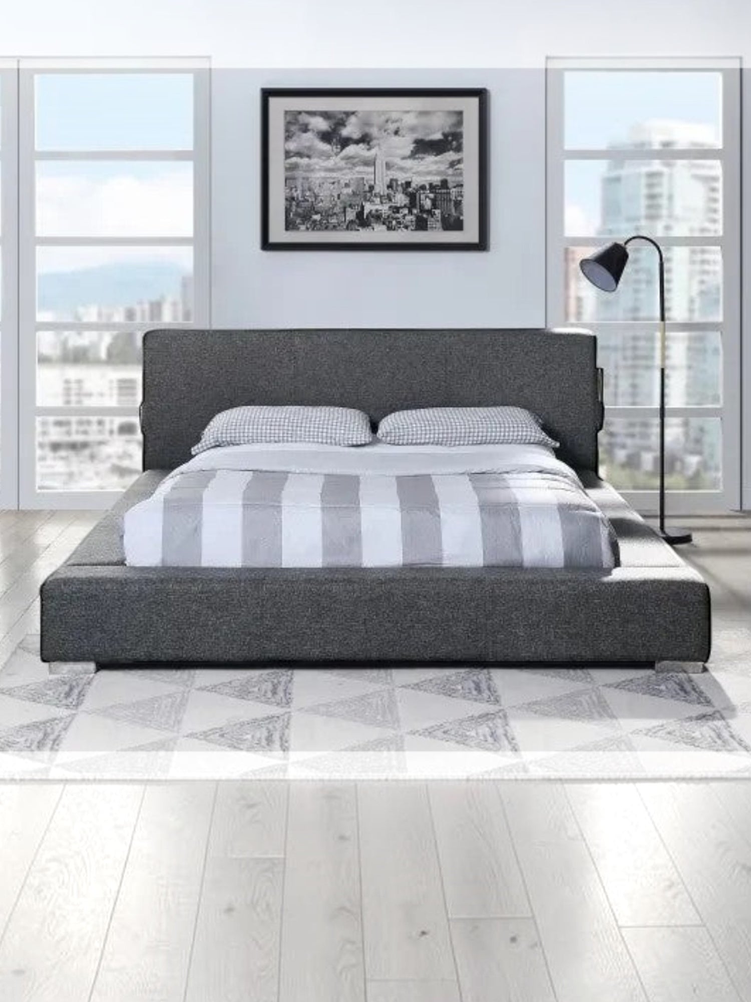 Grand lit Billie TOCO Meubles gris rembourré avec tête de lit confortable, ports USB intégrés et cadre bas moderne.